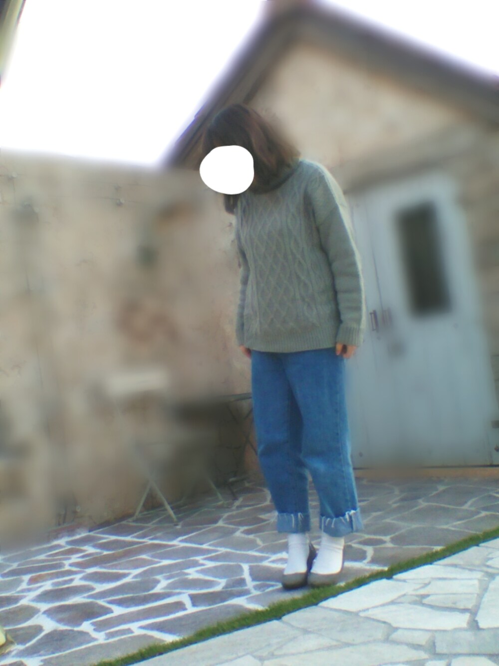 「ニット、白ソックス、パンプス、GU、女子力UP、免許更新、オーマイガー😨💦」｜「GUのアイテム（パンプス、グレー系）」を使った、yyyさん（レディース・155cm）の冬コーディネートの1枚目の写真