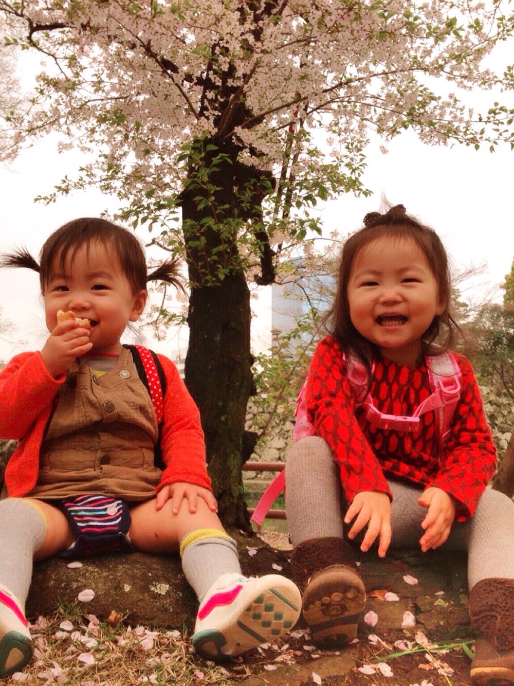 「お花見、kids、姉妹コーデ」｜「marimekkoのGirls June / KAMPSUT 2（ワンピース、レッド系）」を使った、mimimanさん（キッズ・80cm）の秋コーディネートの1枚目の写真