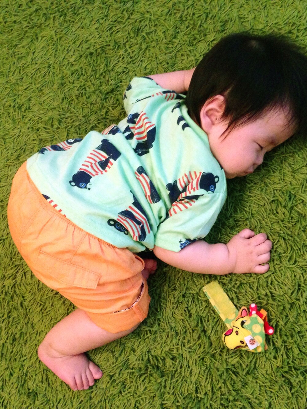 「キッズコーデ、蛍光カラー、くまさん、ボーダー、寝てる、kids、おとこのこ、boy」｜「しまむらのアイテム（Tシャツ/カットソー、グリーン系）」を使った、mimimanさん（キッズ・80cm）の夏コーディネートの1枚目の写真
