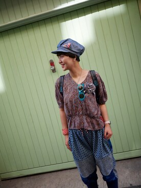 「mercibeaucoup,（メルシーボークー）のアイテム（帽子）」を使った、小猪凹梨喂芽さん（レディース・168cm）の夏コーディネート