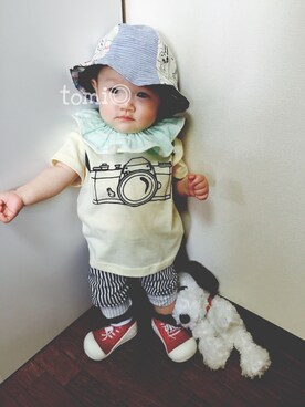 「アイテム（ママ＆ベビー、グリーン系）」を使った、tomi◎さん（キッズ・70cm）の春コーディネート