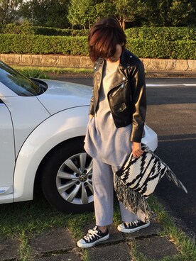「ニットセットアップ」｜「アイテム（ライダースジャケット）」を使った、tamiさん（レディース・159cm）の秋コーディネート