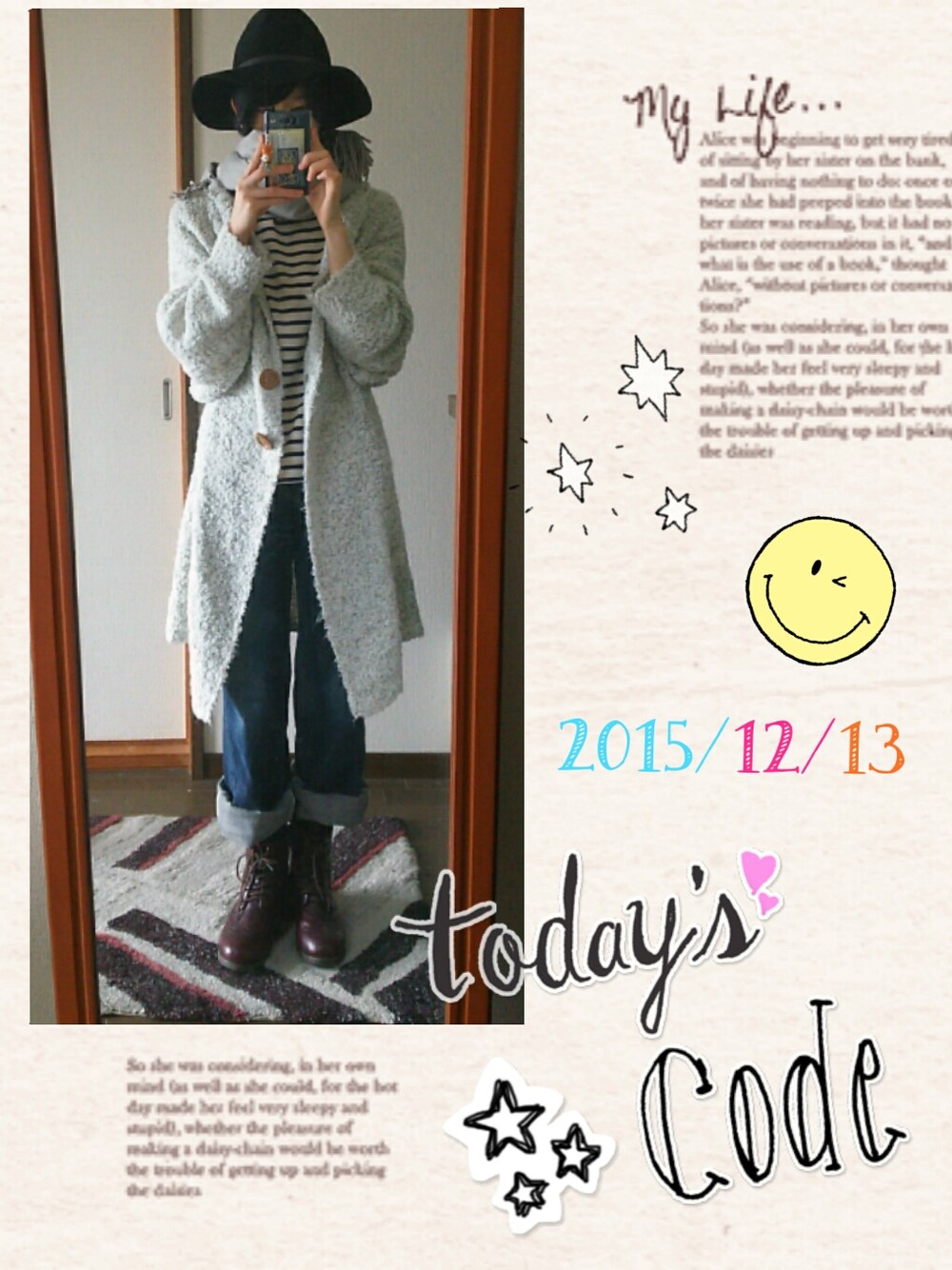 レッド系のブーツ、ブルー系のデニムパンツを着用したレディースの冬コーディネートの1枚目の写真