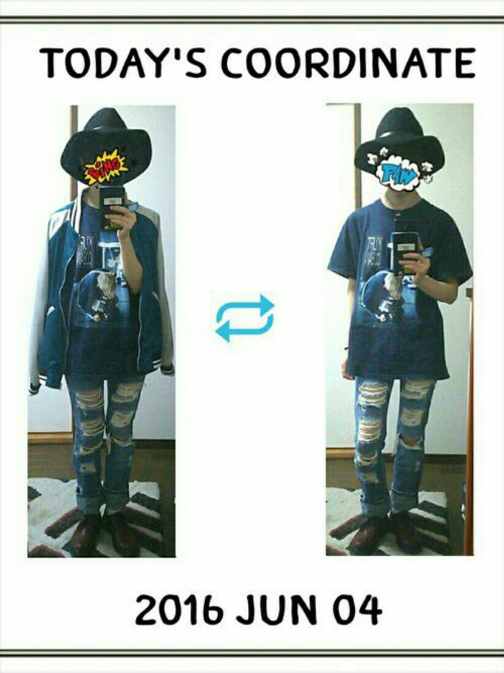 ブルー系のTシャツ/カットソー、ブルー系のスタジャン、ブラック系のハットを着用したレディースの夏コーディネートの1枚目の写真