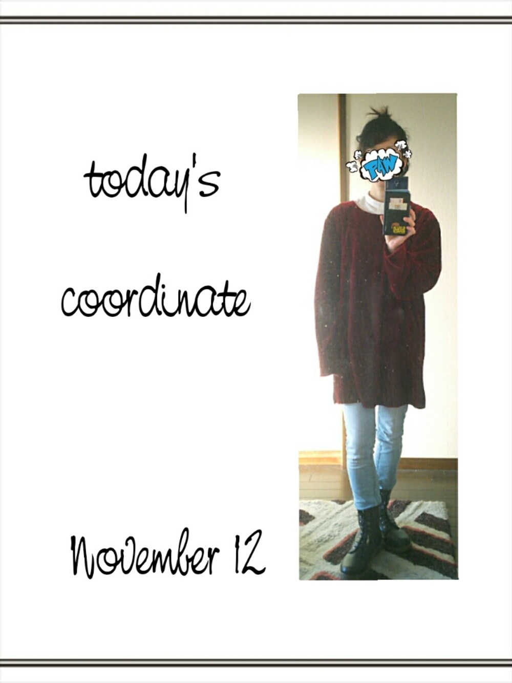 レッド系のその他トップスを着用したレディースの秋コーディネートの1枚目の写真