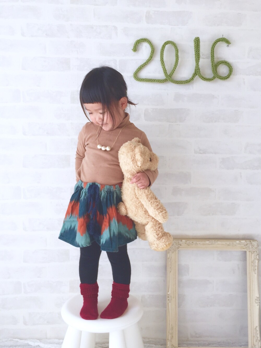 「2歳、女の子、キッズコーデ、bobochoses、スカート、ひよこクラブコーデコンテスト、パッツン前髪」｜「BOBO CHOSESのアイテム（スカート、その他）」を使った、_nagi_さん（キッズ・90cm）の冬コーディネートの1枚目の写真