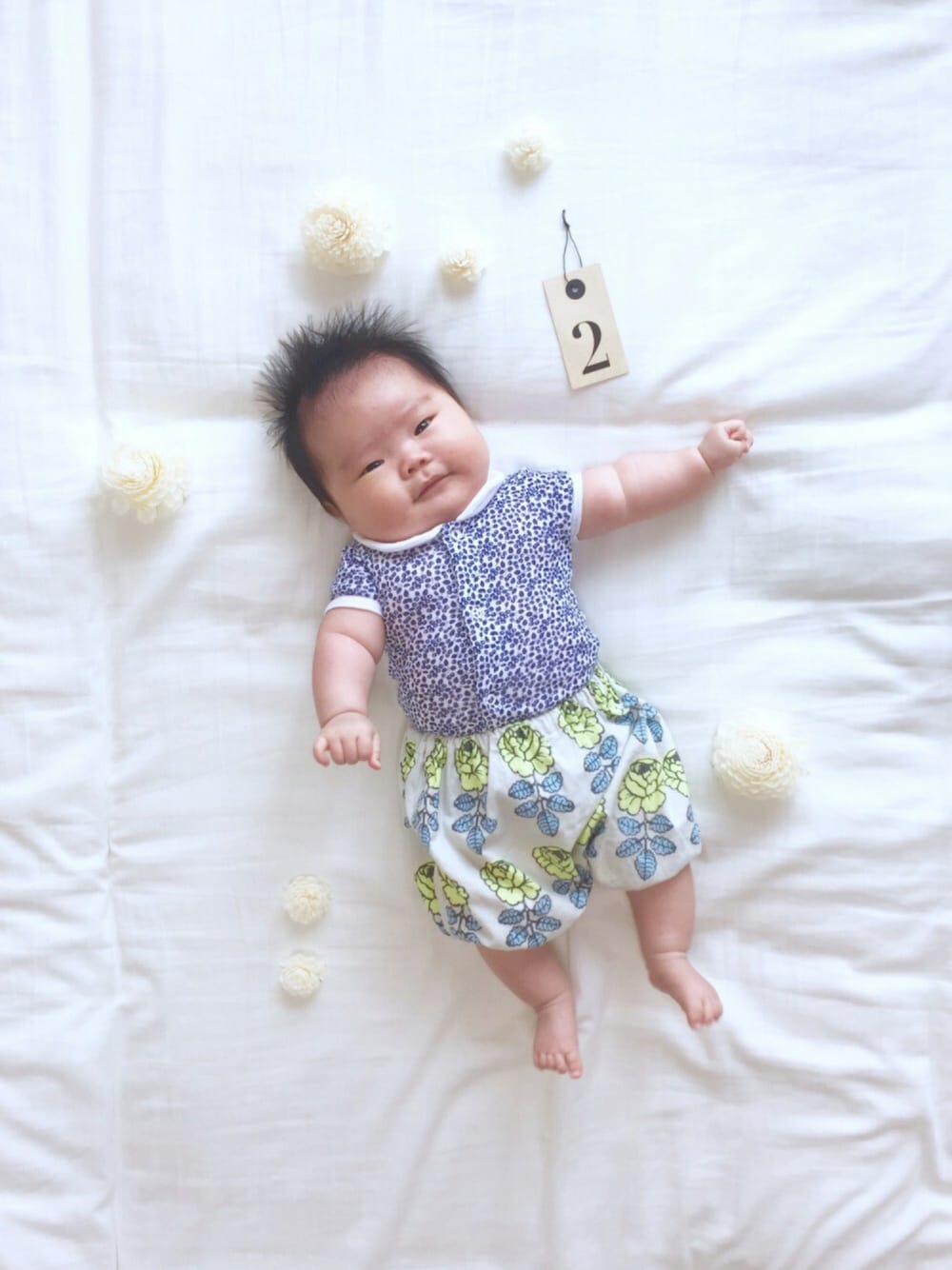 「女の子、生後2ヶ月、赤ちゃん、petit bateau、マリメッコ、marimekko、かぼちゃパンツ、ロンパース」｜「PETIT BATEAUのチュビックプリント衿つき半袖ボディ（肌着、ホワイト系）」を使った、_nagi_さん（キッズ・90cm）の春コーディネートの1枚目の写真