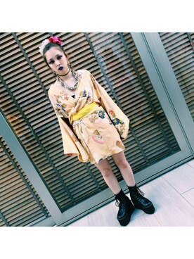 「古着のアイテム（浴衣、イエロー系）」を使った、amitasoさん（レディース・151cm）の春コーディネート