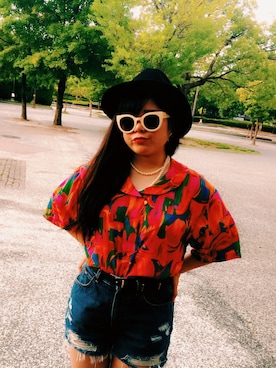 「古着のアイテム（シャツ/ブラウス、レッド系）」を使った、amitasoさん（レディース・151cm）の夏コーディネート