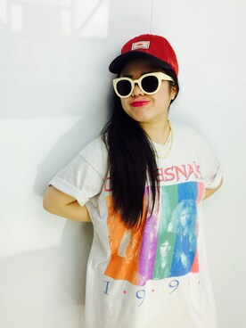 「古着 KINGPINのアイテム（Tシャツ/カットソー、ホワイト系）」を使った、amitasoさん（レディース・151cm）の夏コーディネート