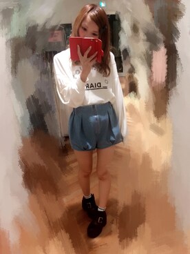 「dazzlin（ダズリン）のハイウエストショートパンツ（デニムパンツ、ブルー系）」を使った、たむたむさん（レディース・158cm）の冬コーディネート