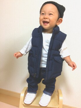 「アイテム（ダウンベスト、その他）」を使った、IORI☺︎さん（キッズ・70cm）の秋コーディネート