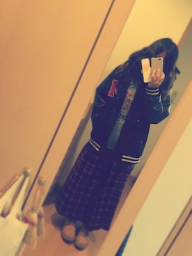 「赤チェック」｜「アイテム（スタジャン）」を使った、あべさん（レディース・157cm）の冬コーディネート