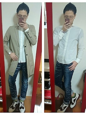 「アイテム（アナログ腕時計、ピンク系）」を使った、ta-shiさん（メンズ・170cm）の春コーディネート