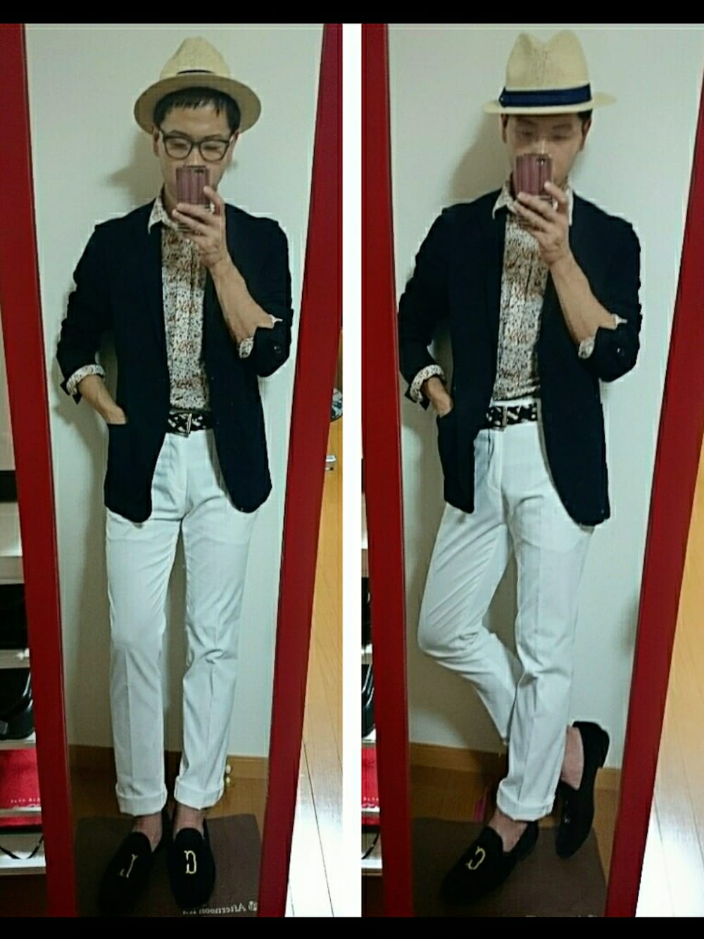 イエロー系のシャツ/ブラウス、ブルー系のドレスシューズ、ホワイト系のパンツを着用したメンズの春コーディネートの1枚目の写真