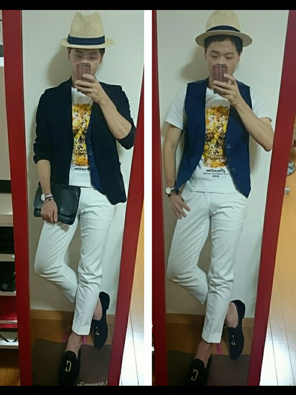 ブルー系のトップス、ホワイト系のトップス、ブルー系のクラッチバッグを着用したメンズの春コーディネートの1枚目の写真