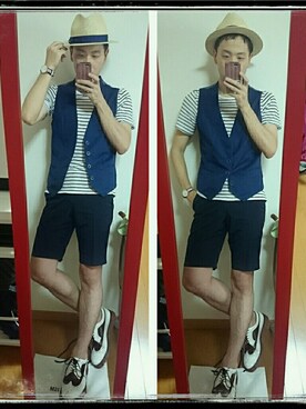 「アイテム（アナログ腕時計、ピンク系）」を使った、ta-shiさん（メンズ・170cm）の夏コーディネート