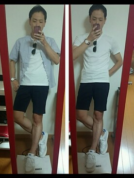 「アイテム（アナログ腕時計、ピンク系）」を使った、ta-shiさん（メンズ・170cm）の夏コーディネート