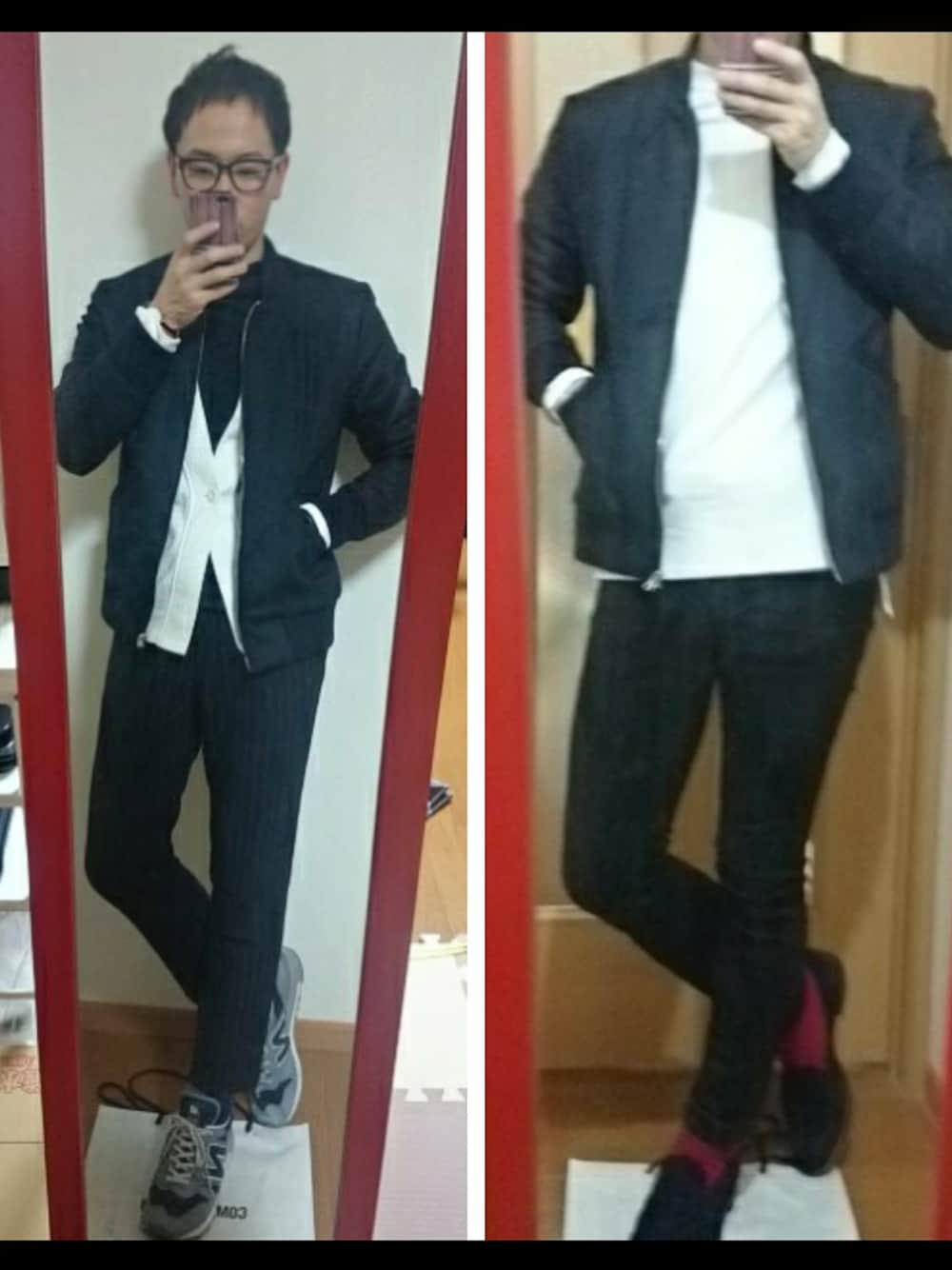 ホワイト系のカーディガン/ボレロ、ブルー系のその他パンツ、ブルー系のMA-1を着用したメンズの冬コーディネートの1枚目の写真