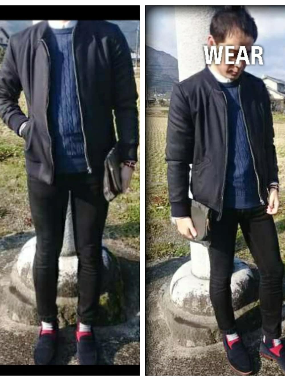 ブルー系のMA-1、ブルー系のクラッチバッグ、ブラック系のデニムパンツを着用したメンズの冬コーディネートの1枚目の写真