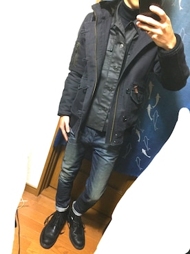 「SHELLAC（シェラック）のアイテム（デニムジャケット）」を使った、ゆうきさん（メンズ・165cm）の冬コーディネート