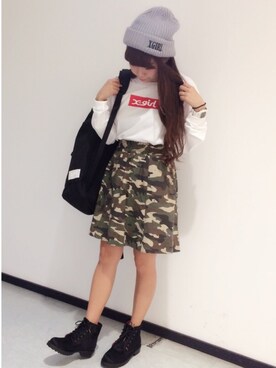 「カモ柄」｜「アイテム（ニットキャップ/ビーニー）」を使った、みさん（レディース・155cm）の秋コーディネート