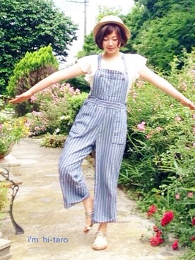 「ジャパンブルー」｜「アイテム（サロペット/オーバーオール）」を使った、ひいたろさん（レディース・154cm）の夏コーディネート