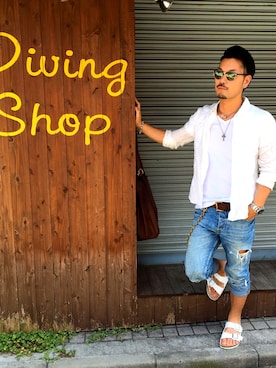 「BIRKENSTOCK（ビルケンシュトック）のアイテム（サンダル、ホワイト系）」を使った、たーくんさん（メンズ）の夏コーディネート