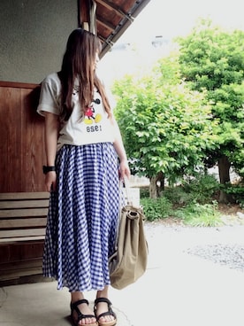 「しまむら（シマムラ）のmickey☺︎（Tシャツ/カットソー、ホワイト系）」を使った、☆kirakyさん（レディース・156cm）の春コーディネート