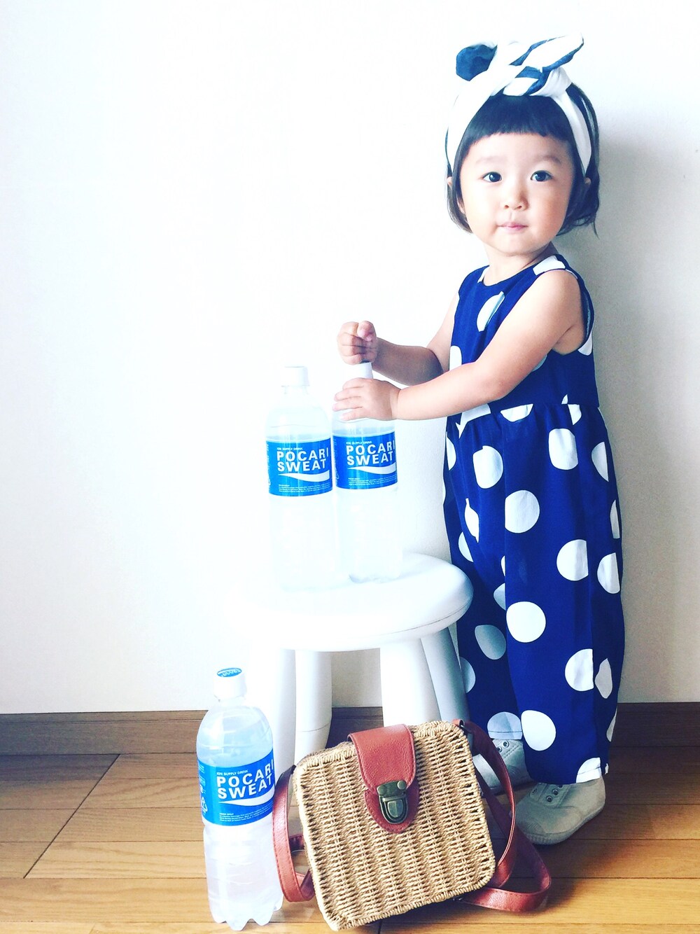 「kids、ポカリコーデバトン、ポカリスウェット、青×白、オールインワン、ターバン、サロペット、女の子、夏」｜「Birthdayのアイテム（つなぎ/オールインワン、ブルー系）」を使った、*𝙰𝙽𝚂_𝙼𝙴*さん（キッズ・80cm）の夏コーディネートの1枚目の写真