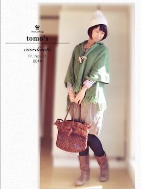「ウエストイン」｜「アイテム（ポンチョ）」を使った、tomotomoさん（レディース・168cm）の秋コーディネート