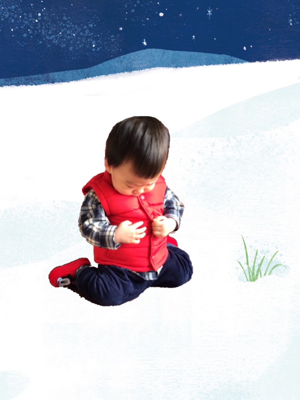 レッド系のダウンベスト、ブルー系のシャツ/ブラウス、ブルー系のその他パンツを着用したキッズの冬コーディネートの1枚目の写真