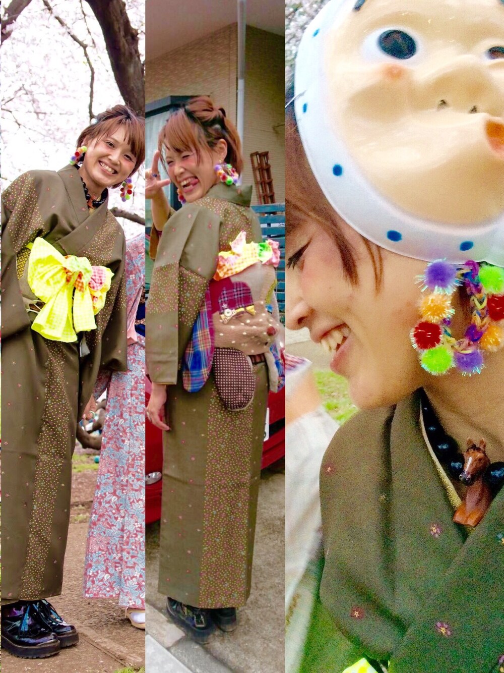 「きもの、着物、花見、ハンドメイド、おかあさんのやつ、お母さんのお下がり、コルセット」｜「NOZOMI ISHIGURO Haute Coutureのアイテム（ストール/ショール、イエロー系）」を使った、kanoさん（レディース・163cm）の春コーディネートの1枚目の写真