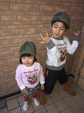 「One deux boo（ワンドゥーブー）のアイテム（ニットキャップ/ビーニー）」を使った、ヒロさん（キッズ・90cm）の冬コーディネート