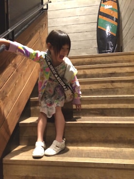 「BRANSHES（ブランシェス）のIFMEコラボウォーターシューズ（サンダル、ホワイト系）」を使った、k♡uuuさん（キッズ・130cm）の夏コーディネート