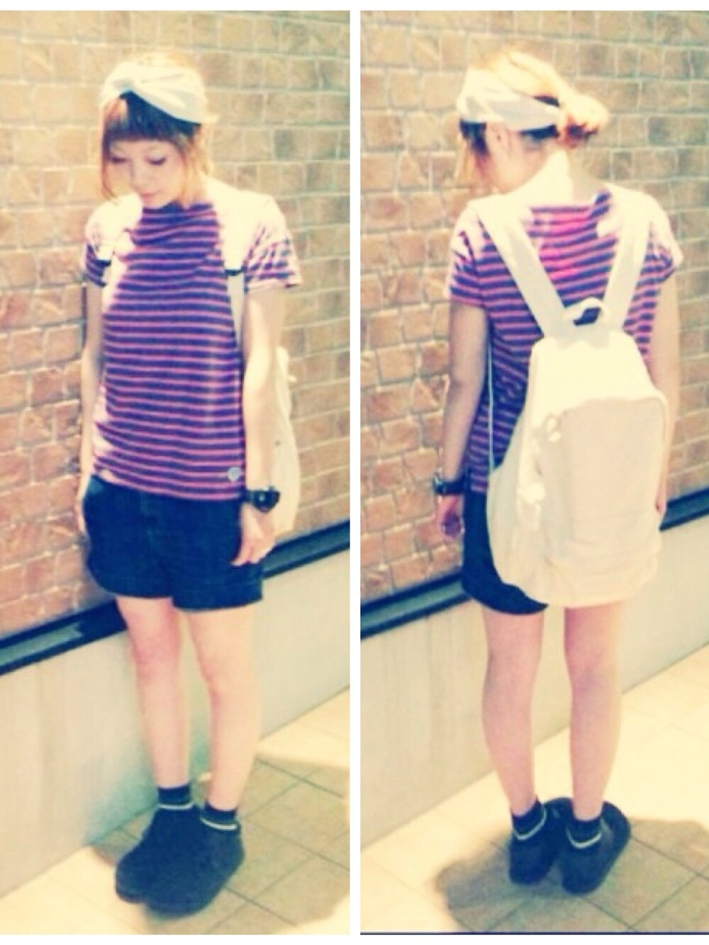 「デニム、ボーダー、リュック、ショートパンツ、adidas、無印良品、靴下屋、birkenstock、adidas originals、Tシャツ×デニム」｜「adidasのNYC（アナログ腕時計、ブラック系）」を使った、manamiynさん（レディース・160cm）の夏コーディネートの1枚目の写真