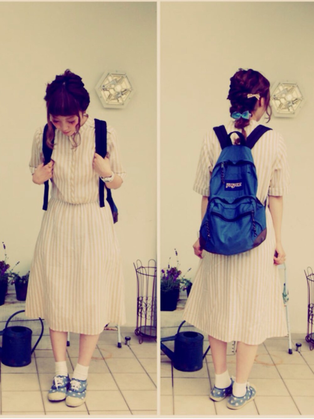 「ワンピース×スニーカー、ワンピース、古着MIX、used mix、jansport、ベンシモン、ストライプワンピース、ストライプ、白ソックス、G-SHOCK」｜「G-SHOCKのG-SHOCK MINI （アナログ腕時計、ホワイト系）」を使った、manamiynさん（レディース・160cm）の春コーディネートの1枚目の写真