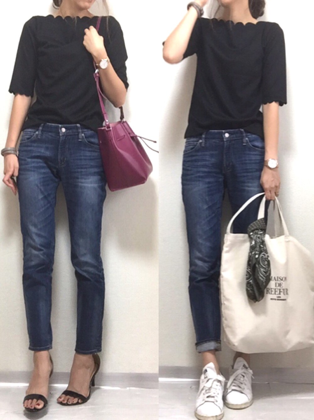 「シンプル、秋コーデ、大人カジュアル、秋色、プチプラ、デニム、スカラップ」｜「DHOLICのアイテム（Tシャツ/カットソー、ブラック系）」を使った、minminmaaaさん（レディース・168cm）の夏コーディネートの1枚目の写真