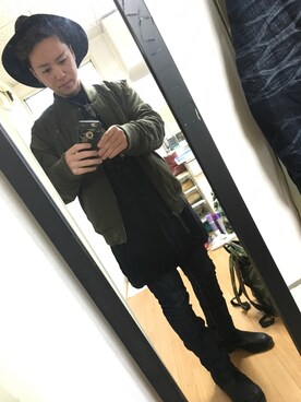「ノーカラーシャツ」｜「アイテム（ミリタリージャケット）」を使った、kenkenさん（メンズ・165cm）の冬コーディネート