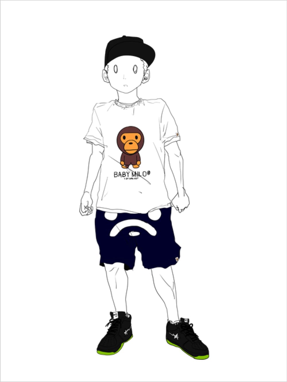 「スニーカー、A BATHING APE」｜「NEW ERAのNEWERA×SWAROVSKI 59FIFTY CAP CRYSTAL LOGO BLACK（キャップ、ブラック系）」を使った、gnayprojectさん（メンズ・170cm）の夏コーディネートの1枚目の写真