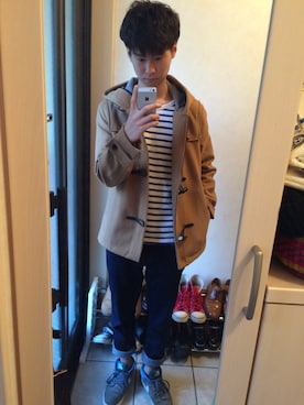 「インディゴデニム」｜「アイテム（ダッフルコート）」を使った、タマさんさん（メンズ・171cm）の春コーディネート