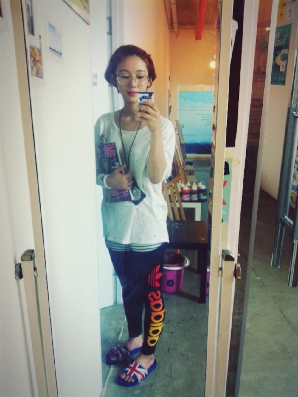 「adidasのオリジナルス トレフォイルレギンス [TREF LEGGINGS]（レギンス/スパッツ、ブラック系）」を使った、챈이さん（レディース・160cm）の夏コーディネートの1枚目の写真