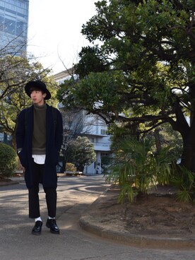「大学」｜「アイテム（チェスターコート）」を使った、sk8boyさん（メンズ・178cm）の冬コーディネート