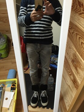 「NANO universe（ナノユニバース）の1PIU1UGUALE3 RELAX/ 別注ボーダーフェザーニット（ニット/セーター、ブルー系）」を使った、浄さん（メンズ・180cm）の冬コーディネート