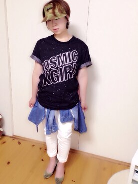 「X-girl（エックスガール）のDisney（ディズニー） / COSMIC ALIENS S/S BIG TEE（Tシャツ/カットソー、ブラック系）」を使った、k’miさん（レディース・153cm）の夏コーディネート