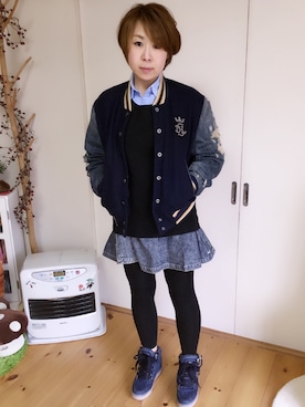 「DIESEL（ディーゼル）のアイテム（スタジャン）」を使った、k’miさん（レディース・153cm）の冬コーディネート