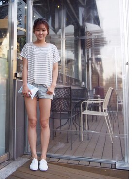 「NETSTAR（ネットスター）のアイテム（Tシャツ/カットソー）」を使った、NETSTARさん（レディース・165cm）の夏コーディネート