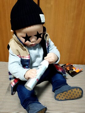 「アイテム（ダウンベスト、その他）」を使った、snr☺さん（キッズ・70cm）の冬コーディネート