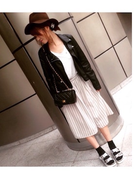 「サンダルに靴下」｜「アイテム（ライダースジャケット）」を使った、chiiーさん（レディース・164cm）の春コーディネート