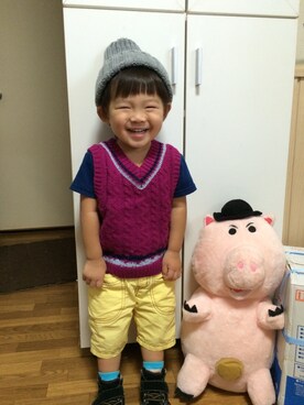 「アイテム（ベスト、パープル系）」を使った、RIIkunさん（キッズ・90cm）の夏コーディネート